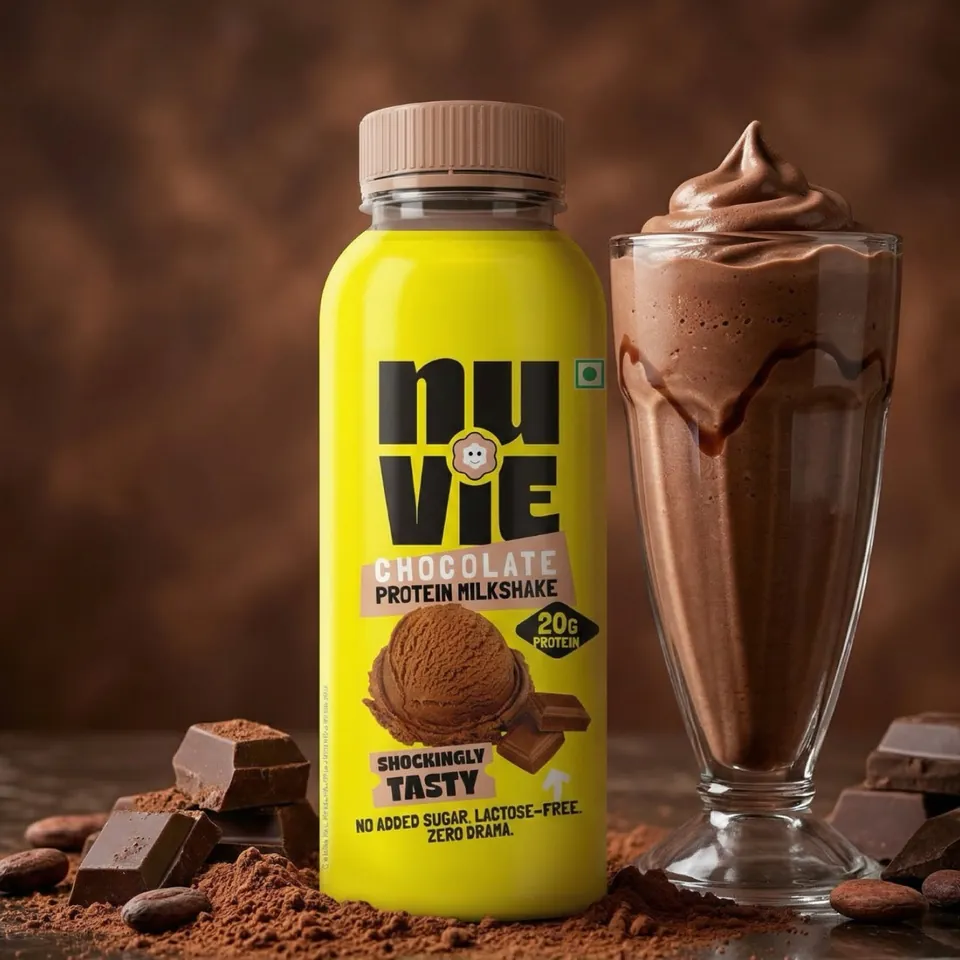 Chocolate shake bottle with a glass of chocolate milkshake