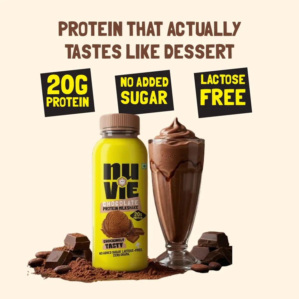 Claims card: 20g protein, no added sugar, lactose free