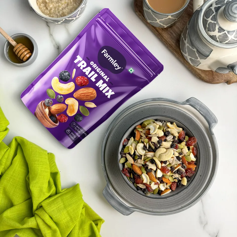 Trail mix in a bowl with the pouch