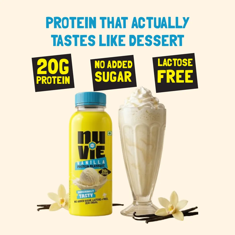 Claims card: 20g protein, no added sugar, lactose free