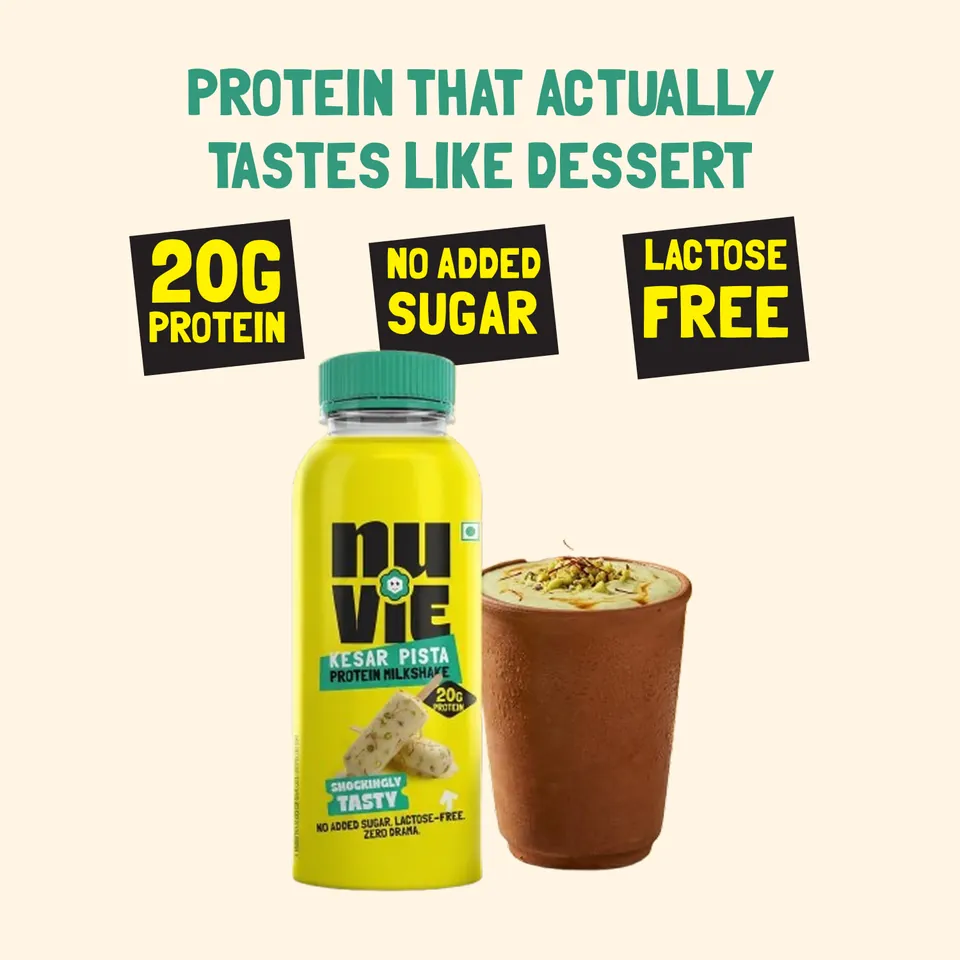 Claims card: 20g protein, no added sugar, lactose free